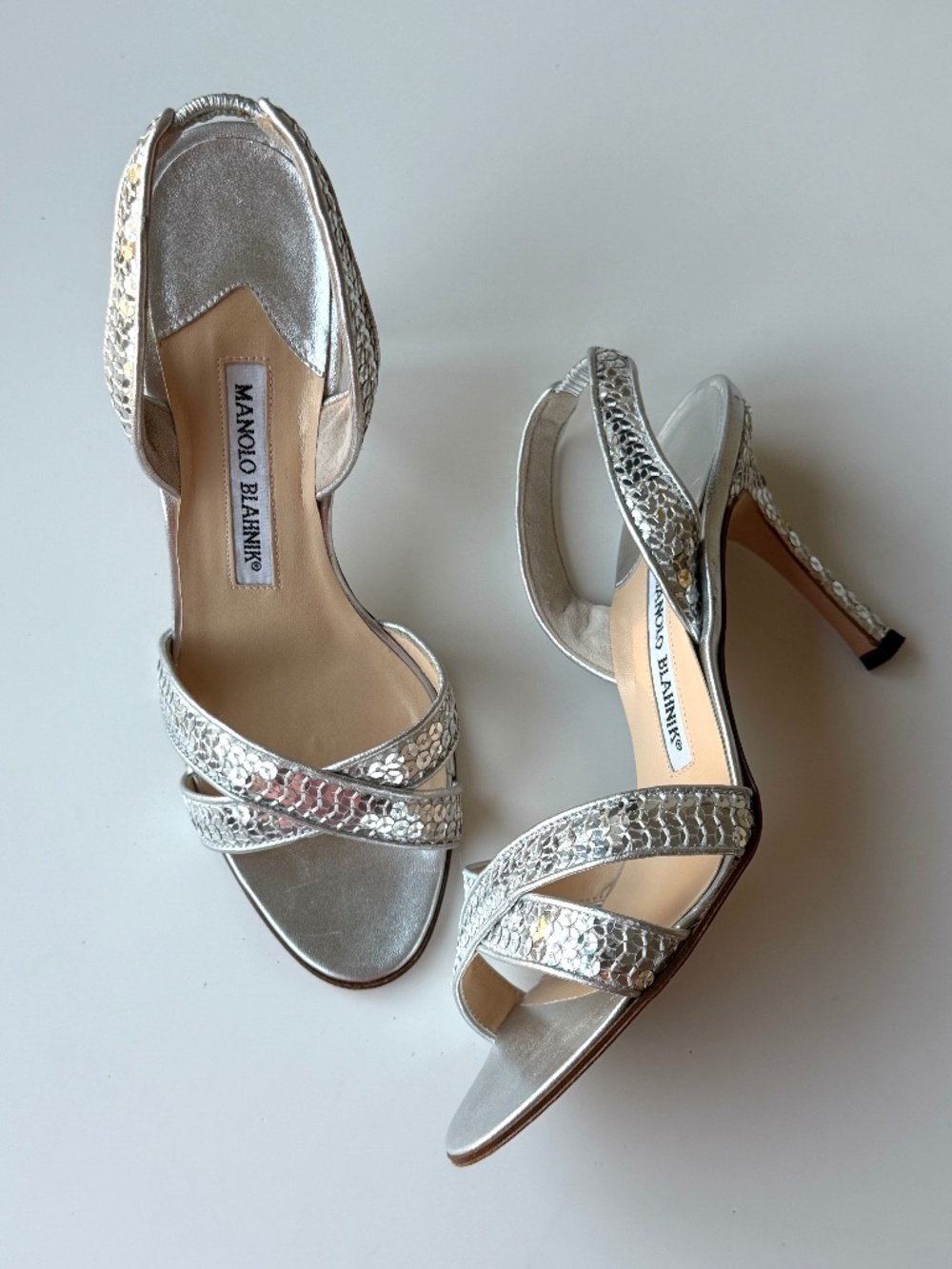 Vintage Manolo Blahnik silver sequin sandals, IT 36.5